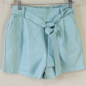 Luna Allegra High Waist Faux Leather Shorts Small Teal Blue Paperbag Tie Waist